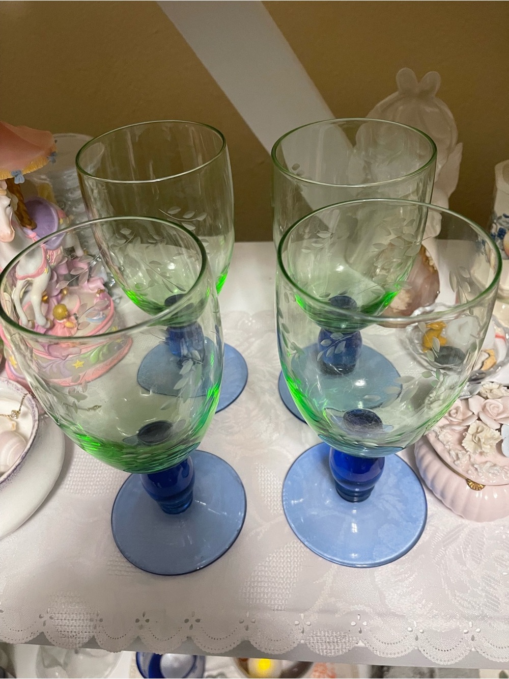 #123 Pfaltzgraff Summer Breeze Water Goblets, Etched Green with Blue Stem Goblet